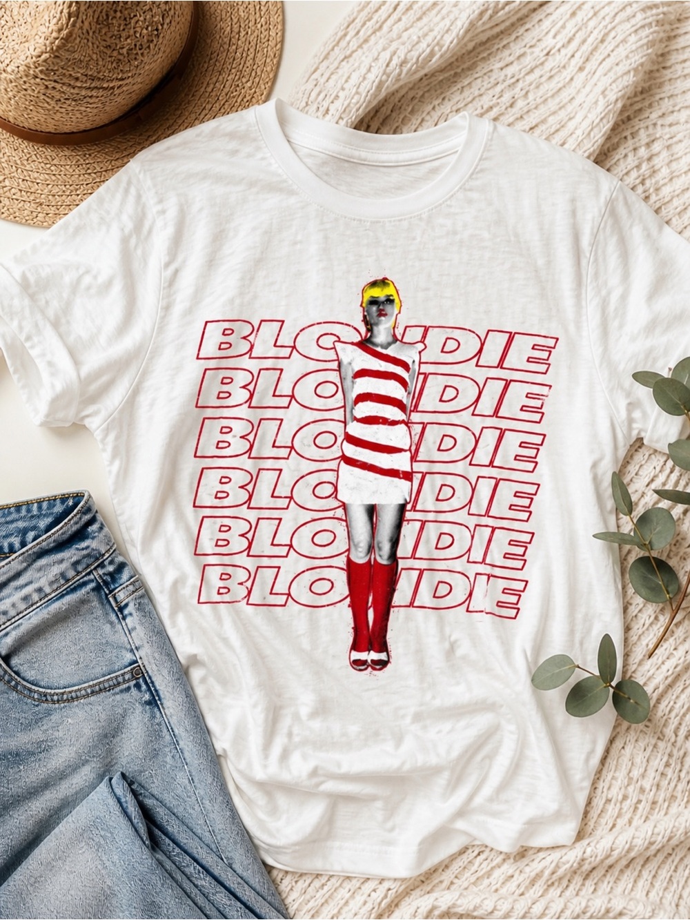 Blondie Graphic Tee XL Burnout Ivory Red Band Shirt Vintage Style Hi Low Hem